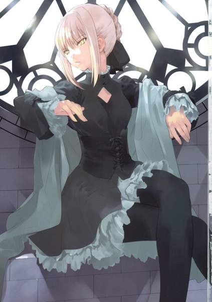 Anime picture 1128x1600 with fate (series) fate/stay night studio deen type-moon artoria pendragon (all) saber saber alter okazaki takeshi single long hair tall image blonde hair sitting yellow eyes scan frilled dress girl thighhighs dress bow