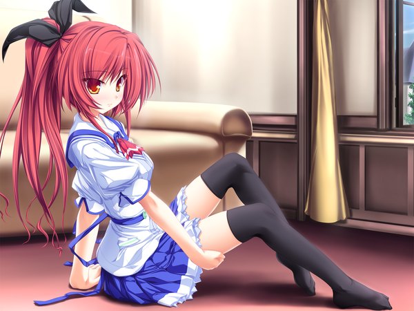 Anime picture 1920x1440 with magus tale whirlpool (studio) seera finis victoria tenmaso single long hair blush highres red eyes sitting game cg ponytail red hair no shoes girl thighhighs uniform ribbon (ribbons) black thighhighs hair ribbon