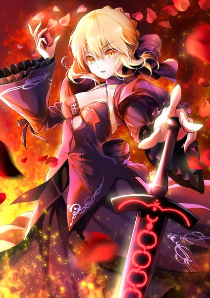 Anime picture 1000x1414 with fate (series) fate/grand order fate/stay night artoria pendragon (all) saber saber alter suishougensou single tall image looking at viewer fringe short hair breasts open mouth blonde hair hair between eyes large breasts yellow eyes cleavage braid (braids)