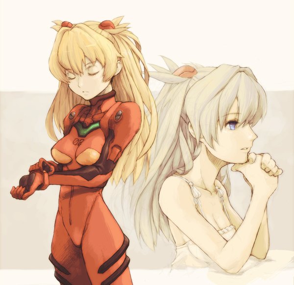 Anime picture 1030x998 with neon genesis evangelion gainax soryu asuka langley boyaking(sbf) single long hair simple background blonde hair white background eyes closed girl sundress pilot suit