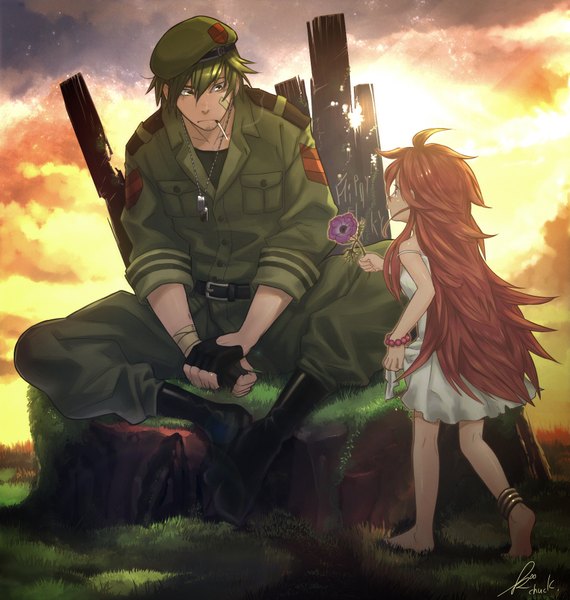 Anime picture 1745x1838 with happy tree friends flippy flaky kaboom (mattsuo) long hair tall image highres short hair signed sky cloud (clouds) outdoors red hair barefoot green hair tears evening sunset soles smoking