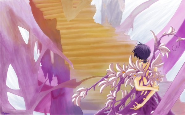 Anime picture 1440x900 with 07-ghost studio deen teito klein short hair wide image purple hair from behind boy plant (plants) stairs hands