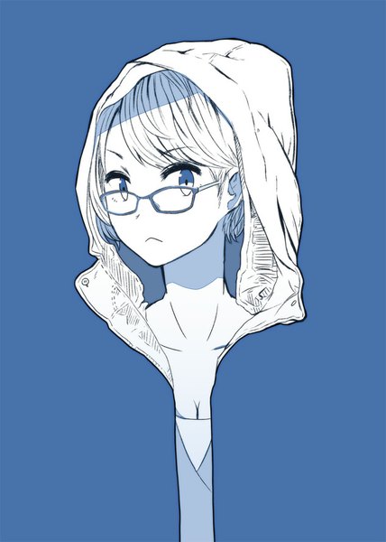 Anime picture 633x887 with original akku lude single tall image short hair blue eyes simple background looking away monochrome blue background girl glasses hood