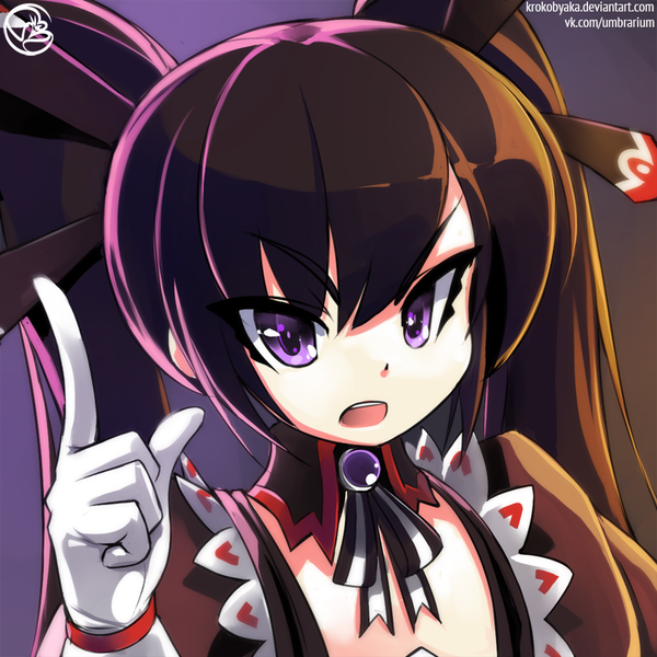 Anime picture 800x800 with original krokobyaka single long hair looking at viewer fringe open mouth simple background brown hair purple eyes twintails signed portrait frown girl gloves ribbon (ribbons) hair ribbon white gloves