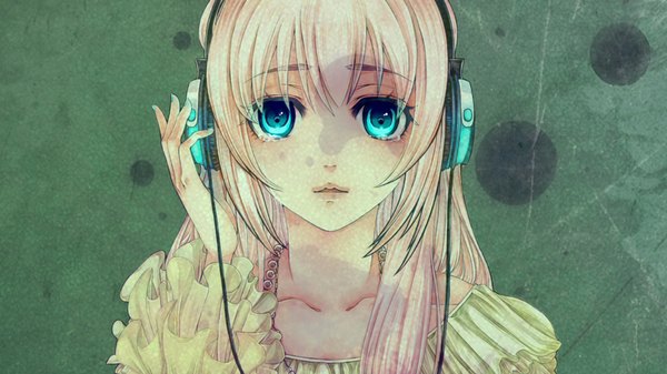 Anime picture 1920x1080 with vocaloid megurine luka single long hair blush highres blue eyes wide image pink hair nail polish crying girl headphones