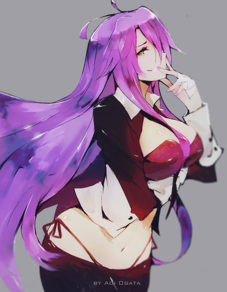 Anime picture 2800x3600 with original vel aoi ogata single long hair tall image looking at viewer fringe highres breasts light erotic simple background smile hair between eyes large breasts purple hair ahoge nail polish head tilt fingernails