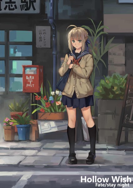 Anime picture 1200x1691 with fate (series) fate/stay night type-moon artoria pendragon (all) saber bianyuanqishi single long hair tall image looking at viewer blonde hair standing green eyes ahoge outdoors braid (braids) pleated skirt inscription hair bun (hair buns) street