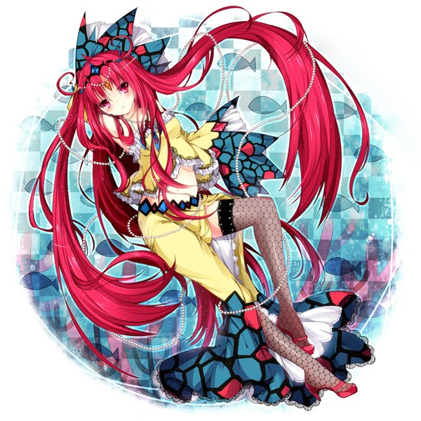 Anime picture 1200x1200 with pokemon nintendo milotic homaderi single long hair blush red eyes red hair legs gen 3 pokemon girl thighhighs shoes fish (fishes) beads tiara fishnet stockings