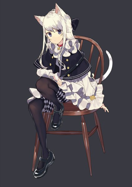 Anime picture 736x1040 with original kitada mo single long hair tall image looking at viewer fringe blue eyes simple background hair between eyes sitting animal ears payot silver hair full body bent knee (knees) tail long sleeves animal tail cat ears