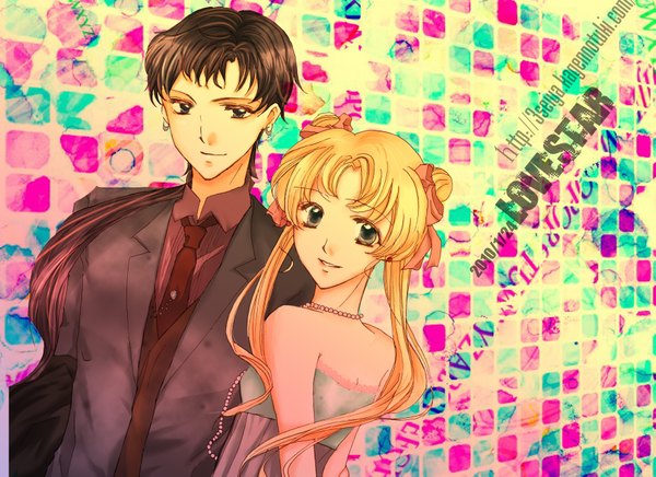 Anime picture 3509x2550 with bishoujo senshi sailor moon toei animation tsukino usagi seiya kou katu (pixiv) long hair highres black hair blonde hair bare shoulders absurdres looking back couple girl dress boy earrings necktie jewelry suit