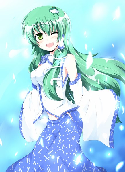 Anime picture 1090x1500 with touhou kochiya sanae chata maru single long hair tall image blush bare shoulders green eyes one eye closed green hair wink girl skirt detached sleeves skirt set hair tubes snake frog