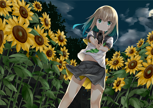 Anime picture 1414x1000 with original kavka single long hair looking at viewer blush fringe blonde hair hair between eyes standing holding green eyes cloud (clouds) blunt bangs pleated skirt green hair wind night bare legs shadow
