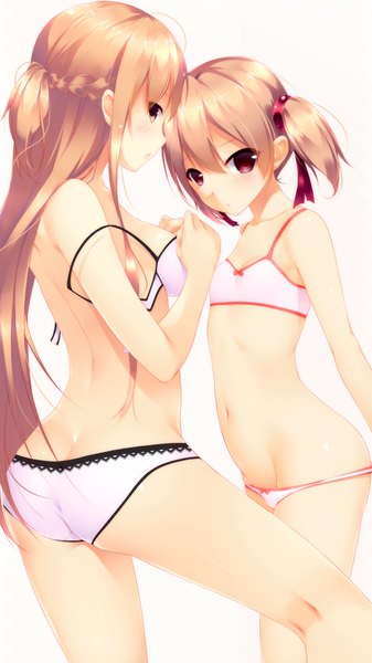 Anime picture 1000x1778 with sword art online a-1 pictures yuuki asuna silica shokuyou mogura long hair tall image blush short hair open mouth light erotic brown hair white background twintails multiple girls brown eyes profile pink eyes midriff underwear only