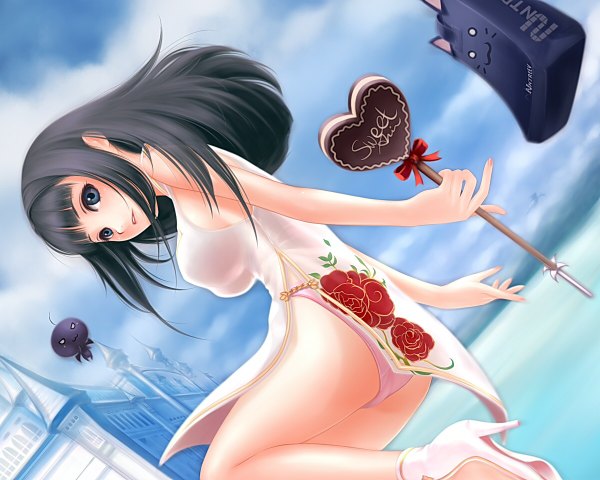 Anime picture 1200x960 with pangya arin black papel yori (shitsuon) single long hair looking at viewer fringe breasts light erotic black hair black eyes high heels chinese clothes side slit girl dress underwear panties shoes