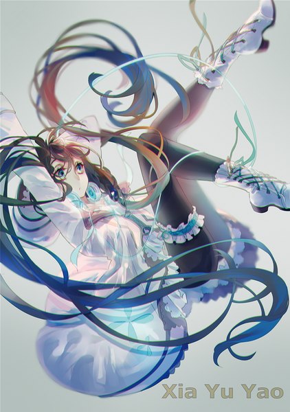 Anime picture 800x1136 with utau xia yu yao machi (7769) single tall image fringe blue eyes brown hair looking away bent knee (knees) very long hair multicolored hair arms up character names gradient hair lacing headphones around neck girl dress pantyhose