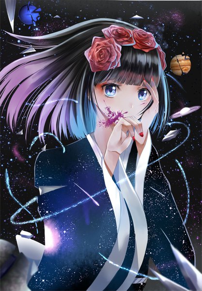 Anime picture 1500x2158 with original nicky w single tall image looking at viewer fringe short hair blue eyes black hair upper body blunt bangs nail polish hair flower dark background covered mouth girl flower (flowers) rose (roses) planet
