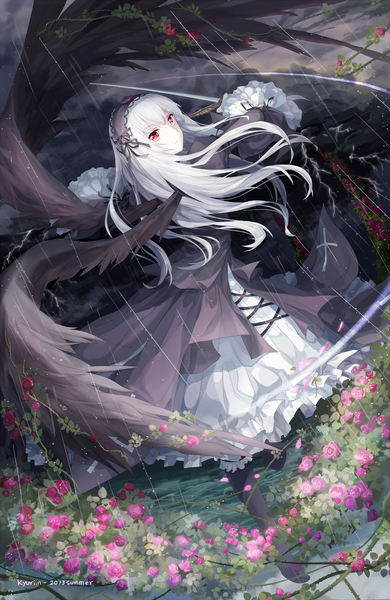 Anime picture 781x1200 with rozen maiden suigintou kyurin (sunnydelight) single long hair tall image looking at viewer red eyes standing holding silver hair rain black wings girl dress flower (flowers) weapon petals sword wings