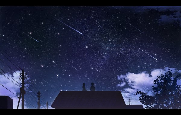 Anime picture 2000x1280 with original reki (irisynth) highres short hair sitting sky cloud (clouds) outdoors from below short sleeves letterboxed silhouette shooting star milky way girl boy plant (plants) tree (trees) star (stars) power lines