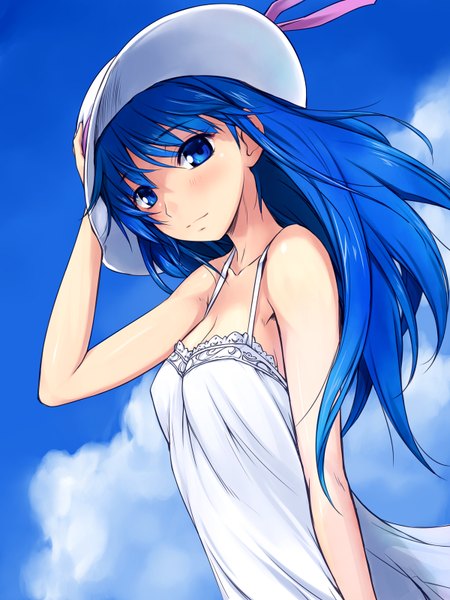 Anime picture 1200x1600 with original amei sumeru single long hair tall image blue eyes blue hair cloud (clouds) girl hat sundress