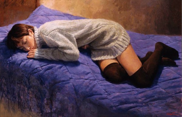 Anime picture 1262x816 with original misawa hiroshi single short hair brown hair full body lying eyes closed lips realistic sleeping traditional media girl thighhighs black thighhighs bed sweater