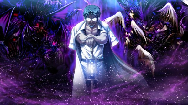 Anime picture 1366x768 with soukoku no arterial short hair red eyes wide image blue hair game cg open clothes open shirt glowing glowing eye (eyes) demon boy wings glasses pants clock beard labcoat mustache cane
