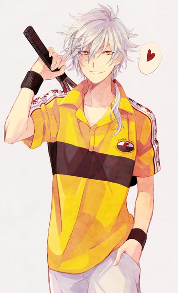 Anime picture 608x1000 with prince of tennis niou masaharu uo (xcapriccioso) single long hair tall image fringe simple background smile hair between eyes standing yellow eyes silver hair grey background mole low ponytail hand in pocket mole under mouth boy uniform