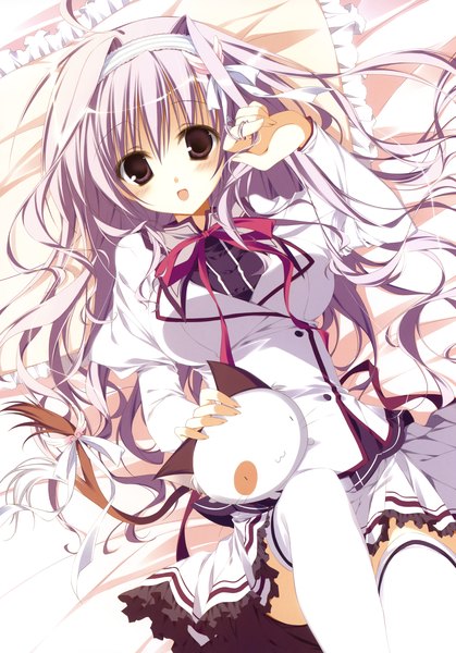Anime picture 2446x3500 with mashiroiro symphony amaha miu inugami kira single long hair tall image looking at viewer blush highres open mouth brown eyes purple hair lying scan girl thighhighs uniform school uniform white thighhighs hairband