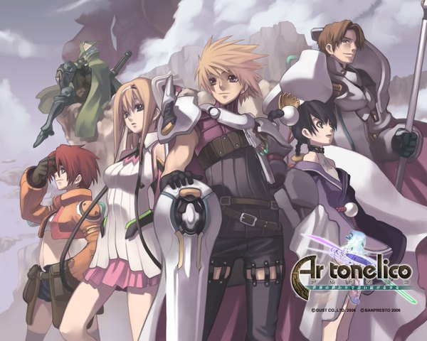 Anime picture 1280x1024 with ar tonelico gust (company) aurica nestmile misha arsellec lune lyner barsett jack hamilton krusche elendia radolf schnaizen nagi ryou long hair fringe short hair open mouth blue eyes black hair blonde hair smile hair between eyes brown hair standing