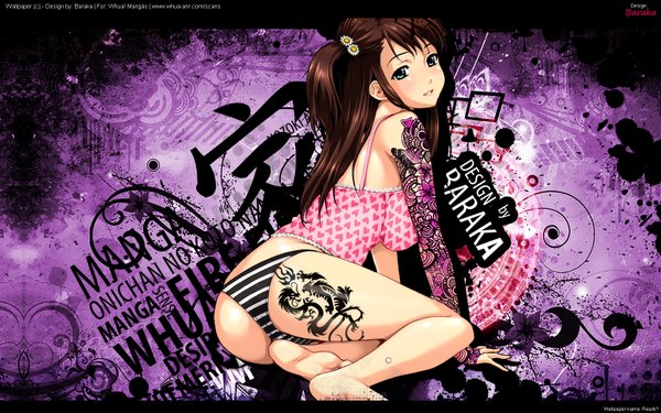 Anime picture 1680x1050 with happoubi jin single long hair blue eyes light erotic black hair wide image ass tattoo one side up soles girl underwear panties