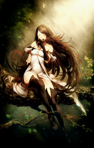 Anime picture 1181x1850 with bravely default: flying fairy agnes oblige tayuya1130 single long hair tall image blush brown hair sitting bare shoulders eyes closed wind girl dress gloves elbow gloves hairband white dress leaf (leaves) insect