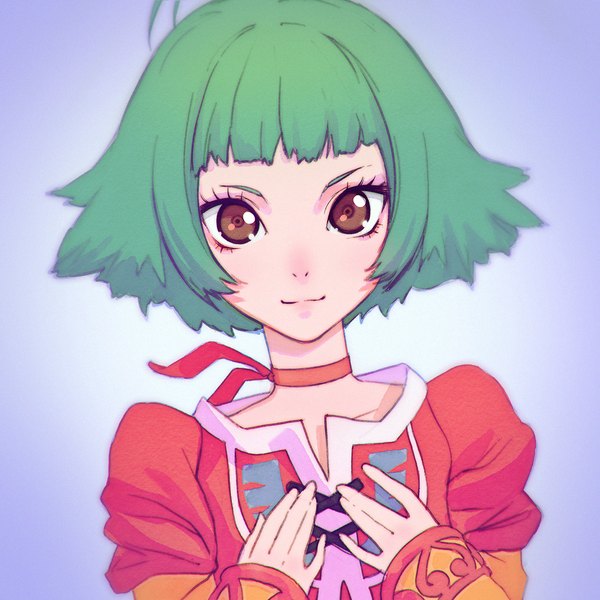 Anime picture 1080x1080 with tales of eternia farah oersted ilya kuvshinov single looking at viewer fringe short hair simple background brown eyes payot upper body ahoge blunt bangs long sleeves green hair light smile puffy sleeves portrait blue background eyebrows