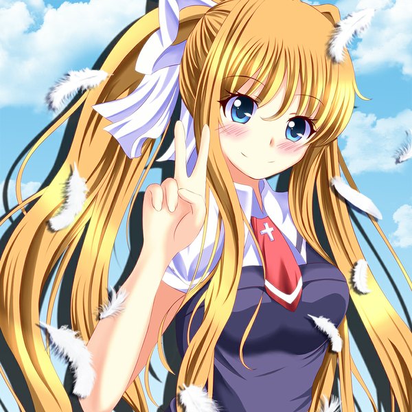 Anime picture 1000x1000 with air key (studio) kamio misuzu takamichis211 single long hair looking at viewer blush blue eyes blonde hair smile ponytail victory girl uniform school uniform feather (feathers)