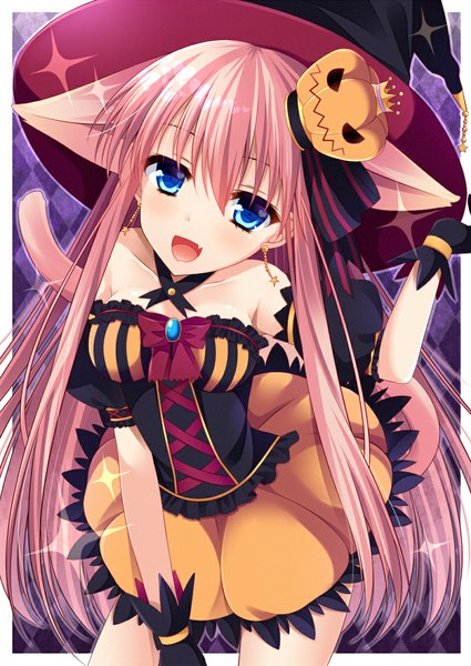 Anime picture 800x1129 with original agekichi (heart shape) single long hair tall image blush open mouth blue eyes animal ears pink hair tail animal tail cat ears cat girl cat tail halloween girl dress ribbon (ribbons) witch hat