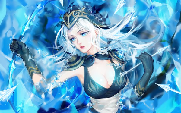 Anime picture 2880x1800 with league of legends ashe (league of legends) qidai single long hair highres breasts blue eyes light erotic looking away cleavage white hair sparkle lipstick floating hair pink lipstick girl gloves weapon black gloves