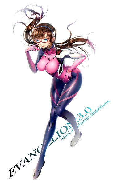 Anime picture 1000x1638 with neon genesis evangelion rebuild of evangelion evangelion: 3.0 you can (not) redo gainax makinami mari illustrious ells (ellsat) single long hair tall image open mouth blue eyes simple background smile brown hair white background twintails inscription girl glasses pilot suit