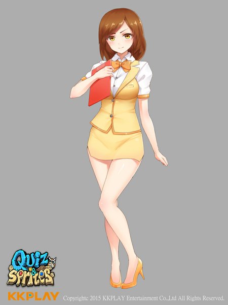 Anime picture 750x1000 with original yi l chen 5 single tall image looking at viewer blush short hair simple background smile brown hair yellow eyes grey background girl skirt miniskirt bowtie