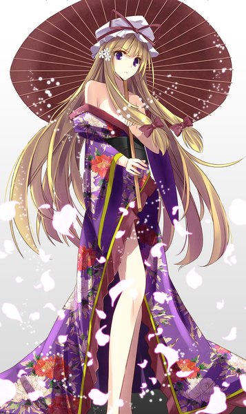 Anime picture 596x1000 with touhou yakumo yukari aosaki yukina single long hair tall image looking at viewer blonde hair purple eyes bare shoulders traditional clothes japanese clothes girl bow hair bow petals kimono umbrella