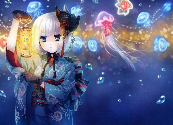 Anime picture 7000x5059 with katagiri hinata single looking at viewer highres short hair blue eyes absurdres white hair traditional clothes japanese clothes scan mask on head girl gloves black gloves kimono mask bubble (bubbles) lamp fox mask