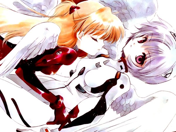 Anime picture 1024x768 with neon genesis evangelion gainax soryu asuka langley ayanami rei wings