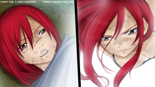 Anime picture 1280x720 with fairy tail erza scarlet erza knightwalker ornav long hair smile wide image purple eyes red hair coloring magic light scar multiview girl