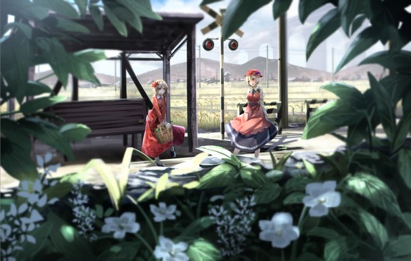 Anime picture 1417x900 with touhou aki minoriko aki shizuha ryosios fringe short hair open mouth blonde hair smile standing multiple girls holding sunlight floral print mountain railroad crossing girl dress flower (flowers) 2 girls