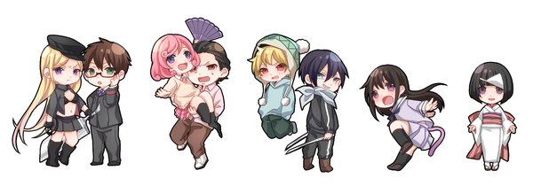 Anime picture 1665x585 with noragami studio bones yato (noragami) iki hiyori yukine (noragami) nora (noragami) bishamonten (noragami) ebisu kofuku kazuma (noragami) daikoku (noragami) yuki (pixiv5877018) long hair looking at viewer fringe short hair open mouth black hair simple background blonde hair smile