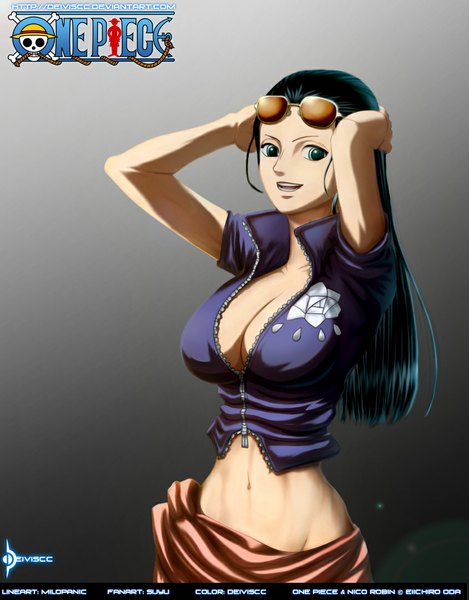 Anime picture 845x1080 with one piece toei animation nico robin deiviscc single long hair tall image breasts open mouth light erotic simple background smile green eyes cleavage aqua hair inscription grey background bare belly midriff coloring