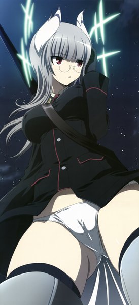 Anime picture 4086x8938 with strike witches heidimarie w schnaufer long hair tall image highres light erotic red eyes animal ears absurdres white hair night sky girl uniform underwear panties glasses gun star (stars) military uniform