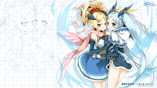Anime picture 1920x1080 with puzzle & dragons idun&idunna reina (black spider) long hair looking at viewer highres blue eyes blonde hair wide image twintails multiple girls ponytail braid (braids) aqua hair inscription twin braids head wings outline girl dress