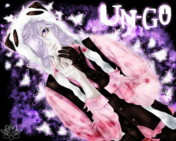 Anime picture 1600x1280 with un-go studio bones inga yaroslavapanina single fringe short hair purple eyes purple hair light smile hair over one eye pale skin boy gloves shirt black gloves hood insect butterfly vest