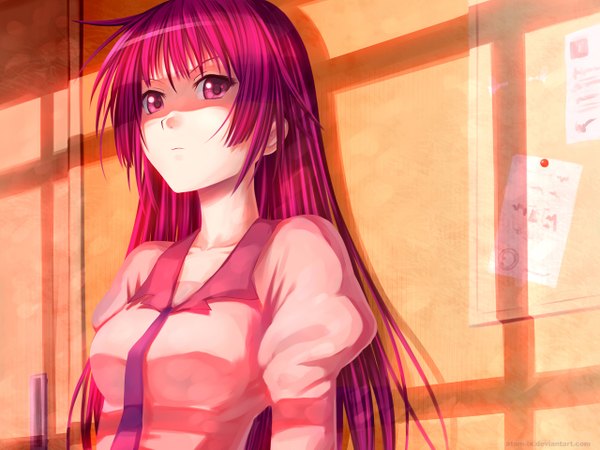 Anime picture 1280x960 with bakemonogatari shaft (studio) monogatari (series) senjougahara hitagi atomix single long hair looking at viewer purple eyes purple hair sunlight girl uniform school uniform wall