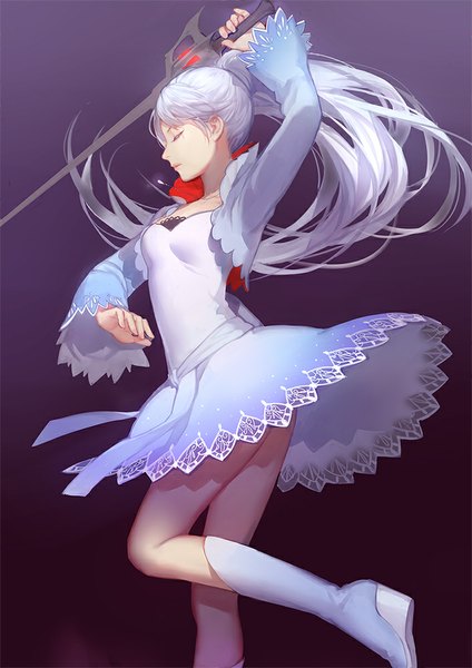 Anime picture 707x1000 with rwby rooster teeth weiss schnee ask (askzy) single long hair tall image blush simple background white hair ponytail eyes closed profile lips arms up gradient background scar purple background spinning girl