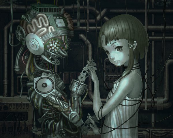 Anime picture 1250x1000 with serial experiments lain iwakura lain (tat) short hair brown hair bare shoulders brown eyes looking away looking back turning head holding hands dual persona grey skin girl x hair ornament wire (wires) robot cable