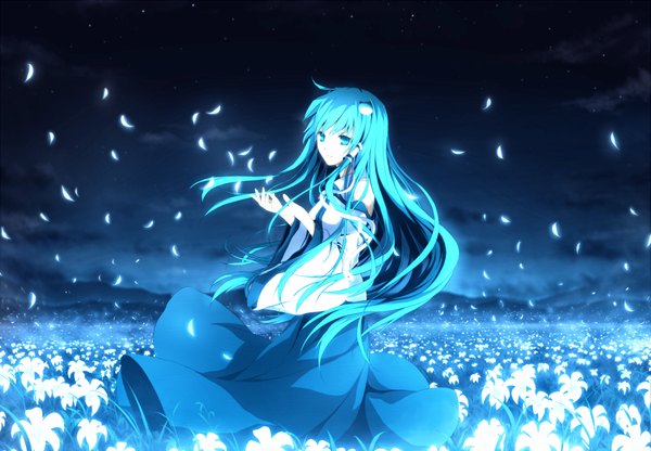 Anime picture 1268x881 with touhou kochiya sanae jofree single long hair blue eyes blue hair girl dress hair ornament flower (flowers) detached sleeves petals hair tubes